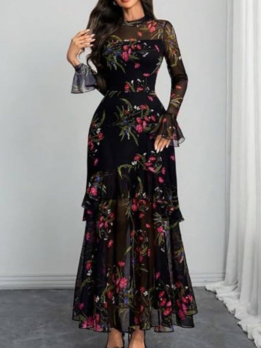 Women Floral Maxi Dress Bell Sleeve Party Wedding Guest Dresses
